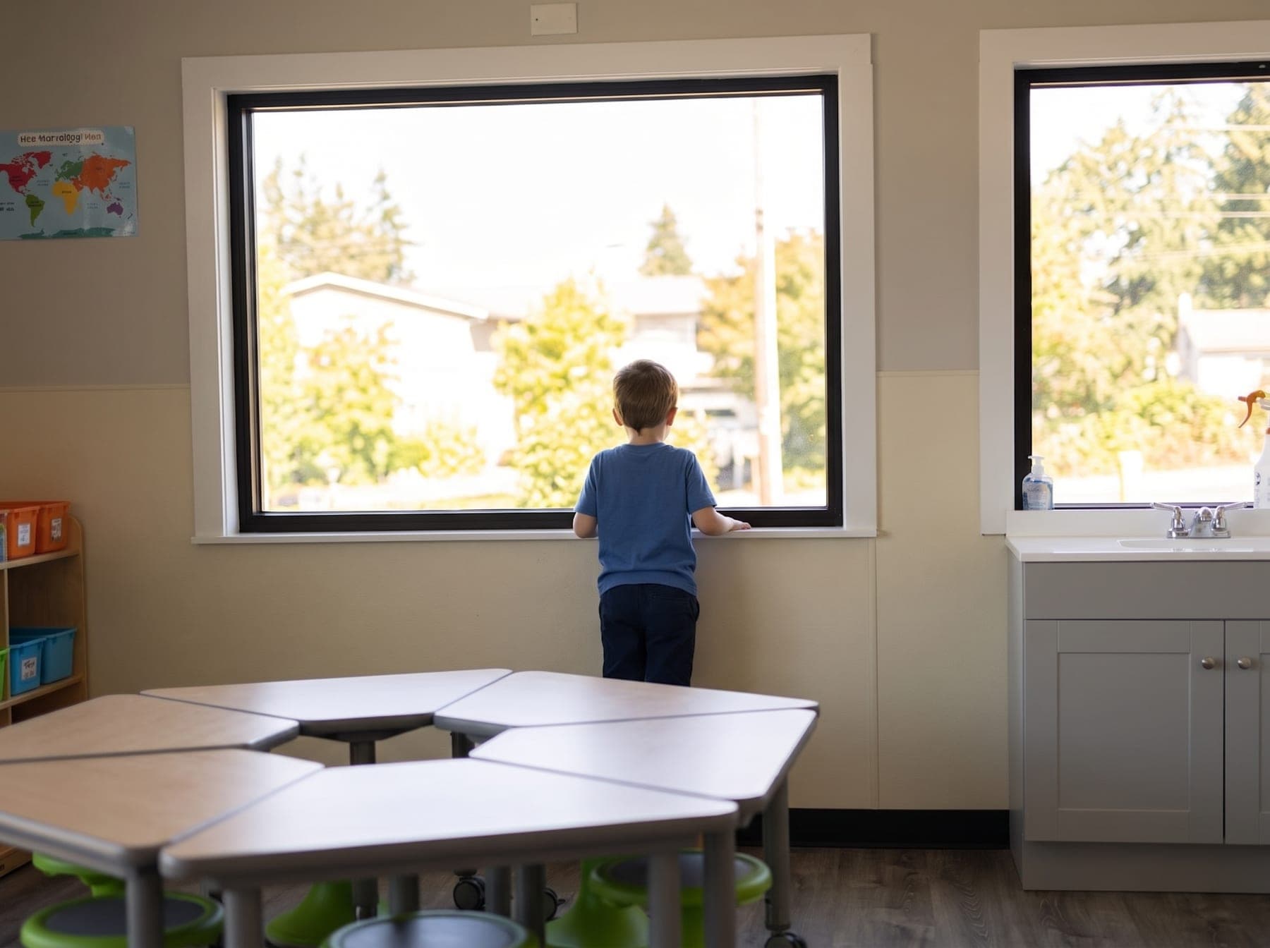 A child, seen from behind, looking out at the trees from a classroom window