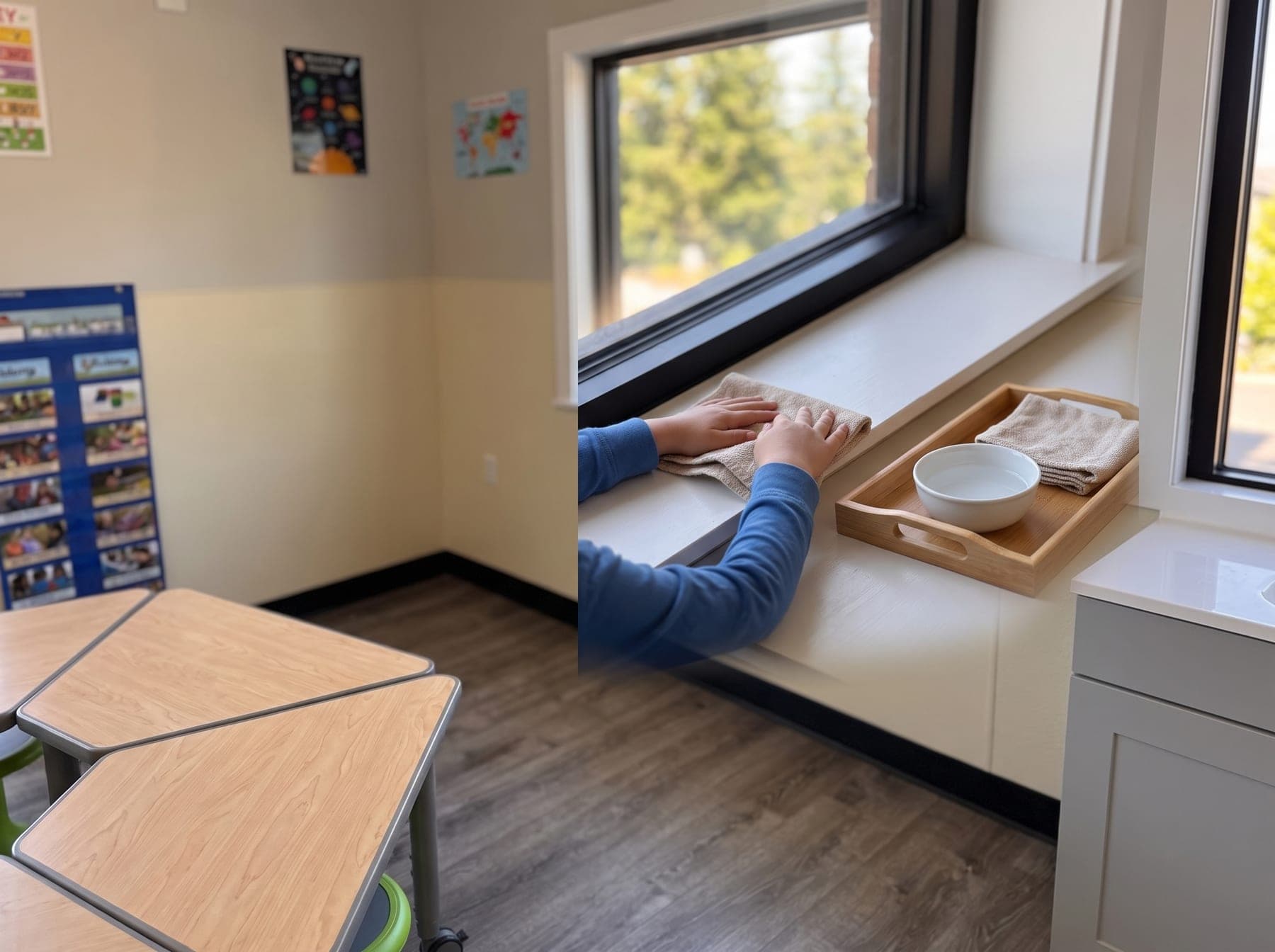 A child's hands wiping a classroom window sill with a small cloth