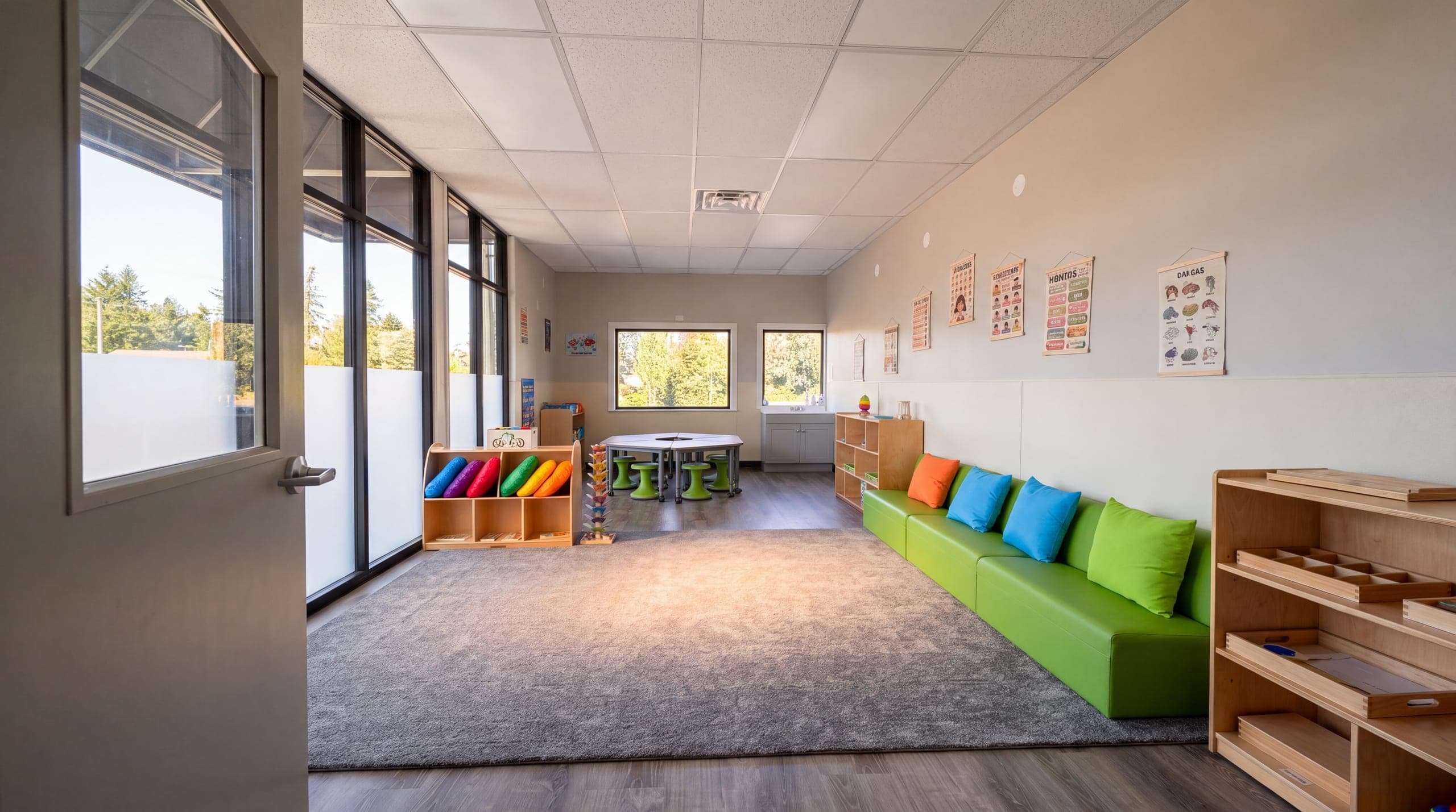 Looking into a classroom from its doorway, daylight along the window wall
