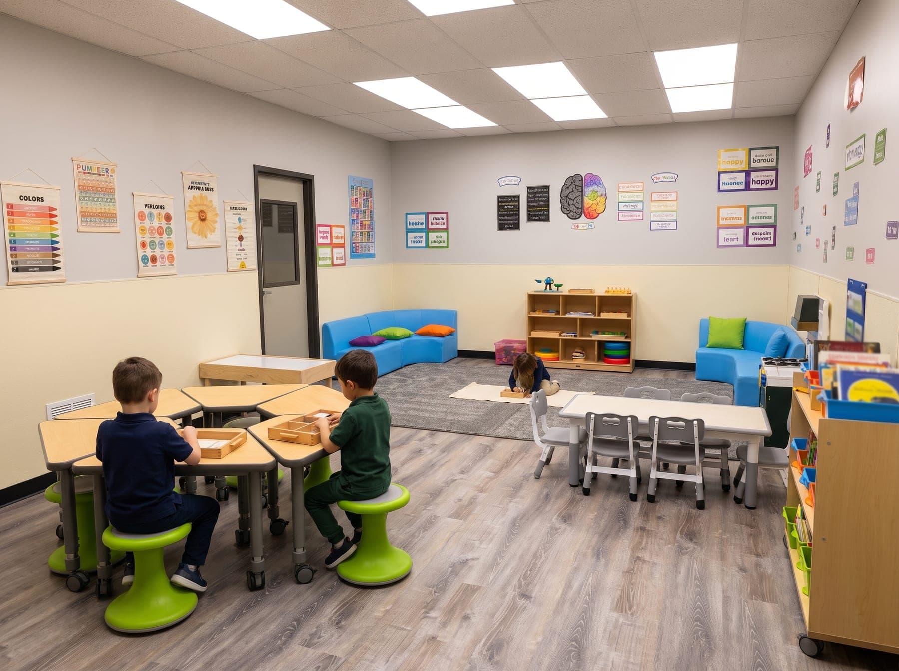 Children, seen from behind, at work at the tables and on the rug, viewed from a classroom entrance