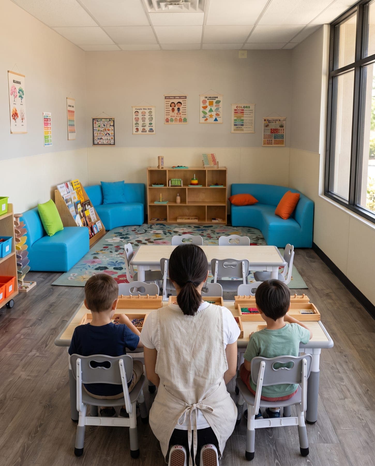 A guide kneels at a low table with two children, all seen from behind
