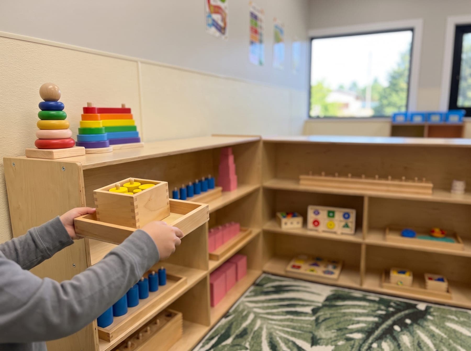 A child's hands lifting a wooden tray of cylinders from a low birch shelf