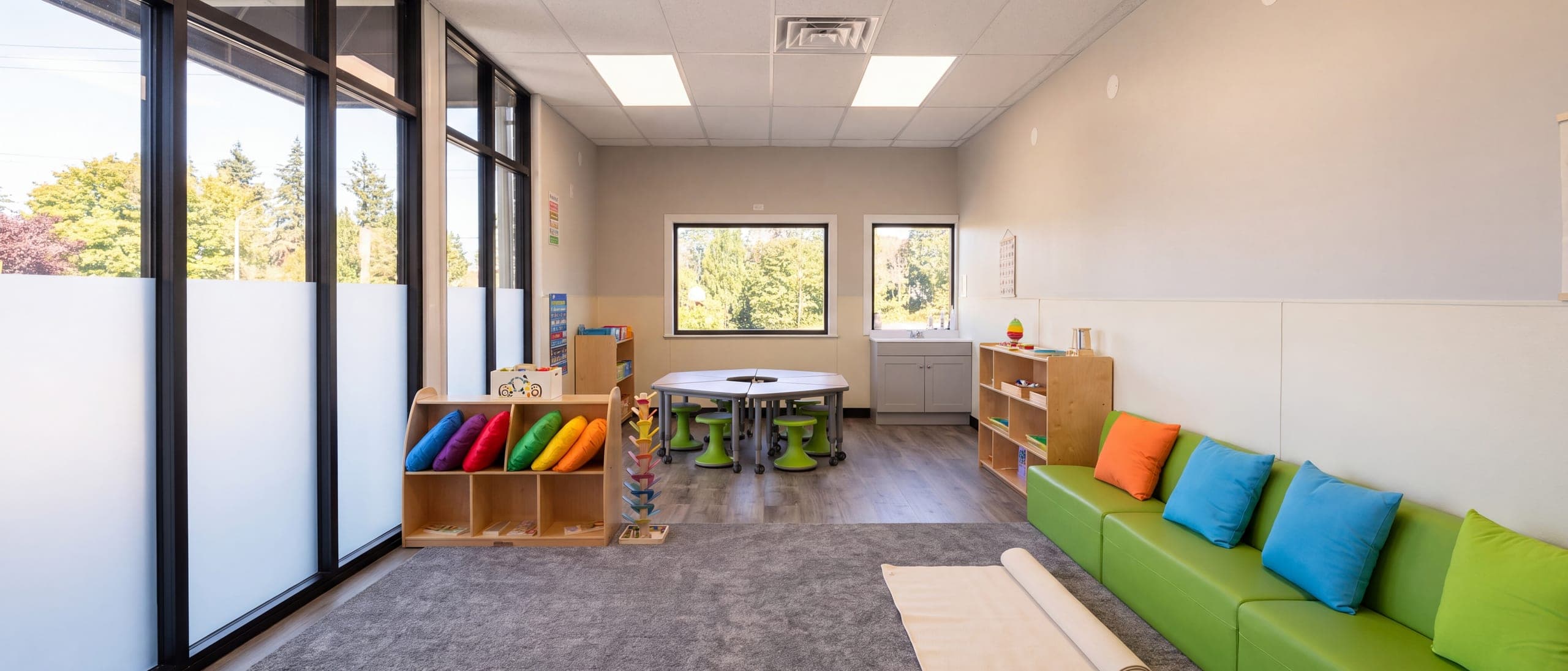 The classroom's tall windows, evergreens beyond the glass