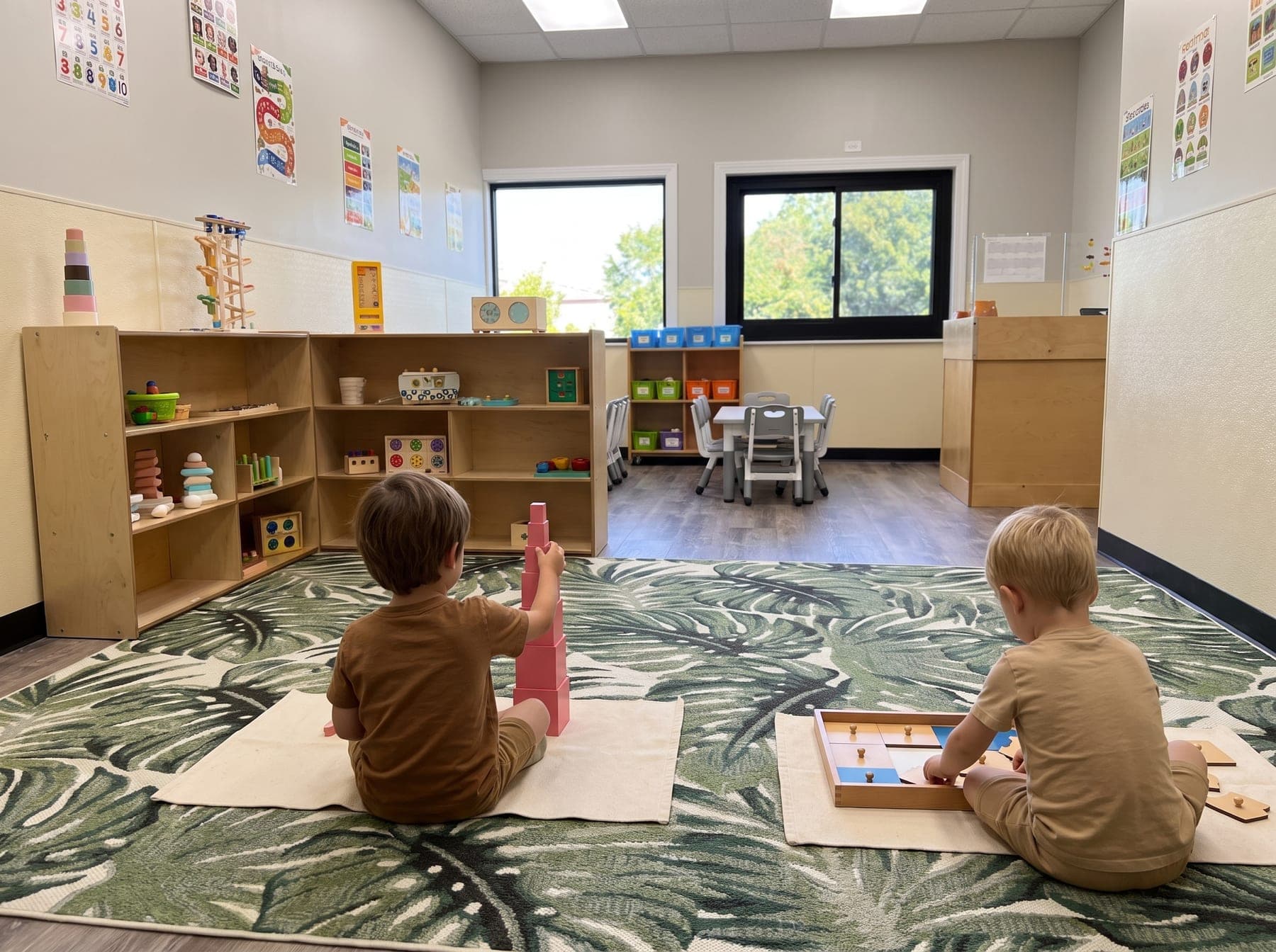 Two children, seen from behind, at work on mats with the pink tower and a wooden map puzzle